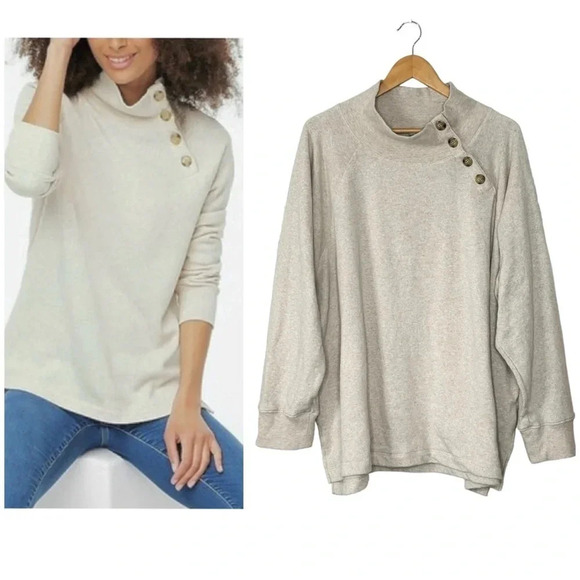 J. Crew Wide Button Collar Mock Neck Pullover Top, Heathered Oatmeal Tan 3X Plus - Picture 1 of 9